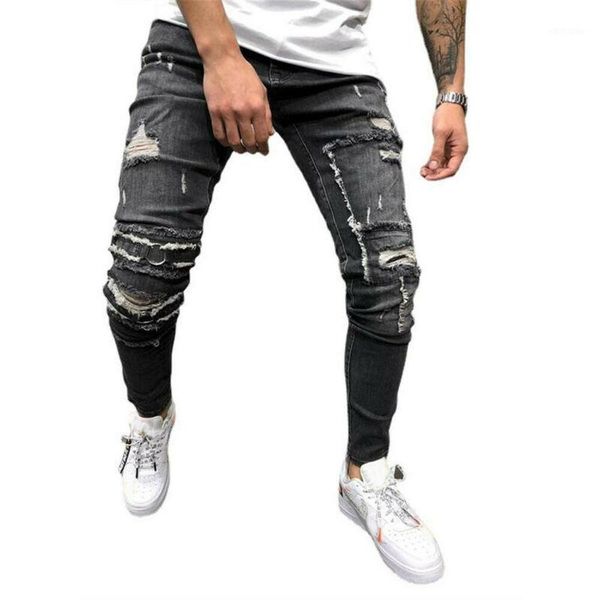 

men's jeans men slim ripped skinny zipper pockets straight distressed long denim fashion scratched hole male trousers 2021, Blue