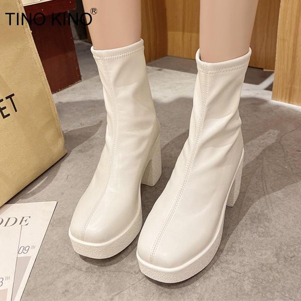 

boots women shoes autumn fashion ankle lace up platform thick high heels ladies pumps elegant pu leather female footwear, Black