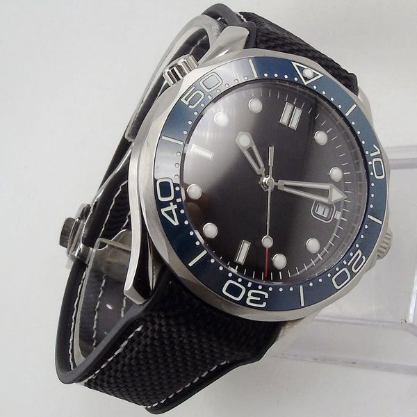 

real miyota 8215 41mm automatic gentlemen clock date display black iron sheet sapphire glass ceramic insert rubber, Slivery;brown