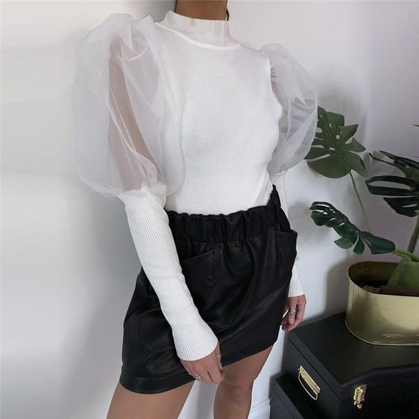 

fashion women puff sleeve blouse shirt autumn high neck long patchwork knitted vintage casual blusas #40 women's blouses & shirts, White