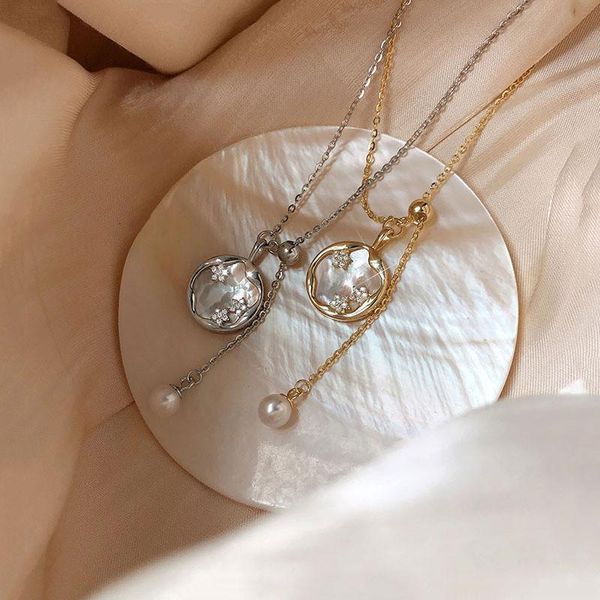 

chains round shell necklace women's tassel pearl clavicle chain creative design retro elegant fashion temperament, Silver