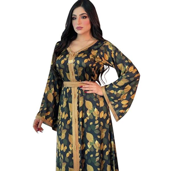 

ethnic clothing middle east border dubai printed long belt dress women's jalabiya autumn muslim elegant moroccan caftan, Red