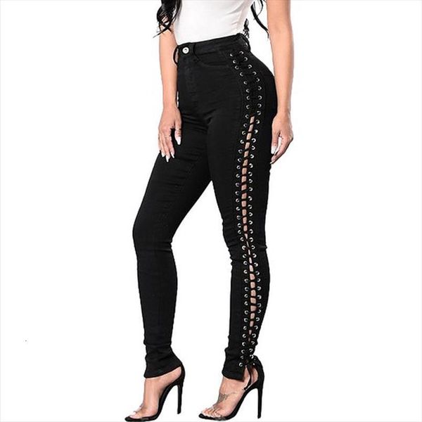

arrived plus size stretchy womens pants ripped jeans side lace up denim skinny pencil trousers, Black;white