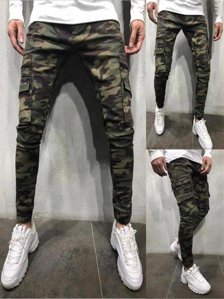 

camouflage style men's jeans jogging pants military uniforms slim multi-pocket overalls hip-hop solid color pencil, Blue