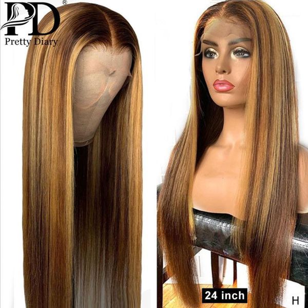 

glueless 13x4 highlight lace front human hair wigs honey blonde preplucked brazilian straight wig remy wig1, Black;brown