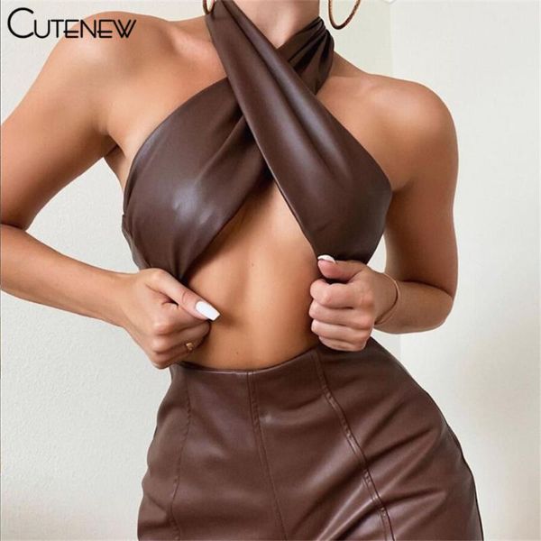 

women's tracksuits cute y2k solid faux pu leather casual two piece sets women outfits cross halter backless crop shorts lady street, Gray