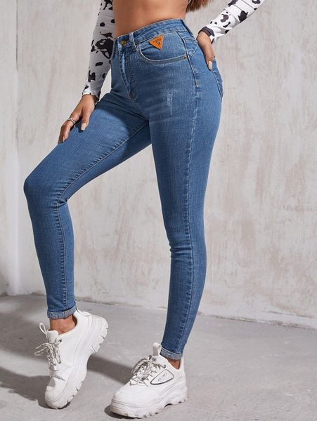 

high waist patch detail skinny jeans z3fc#, Blue