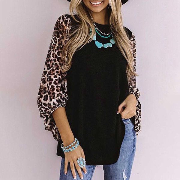 

women's t-shirt 2021 autumn long sleeve leopard stitching t-shirts female fashion loose plus size mujer camisetas #, White