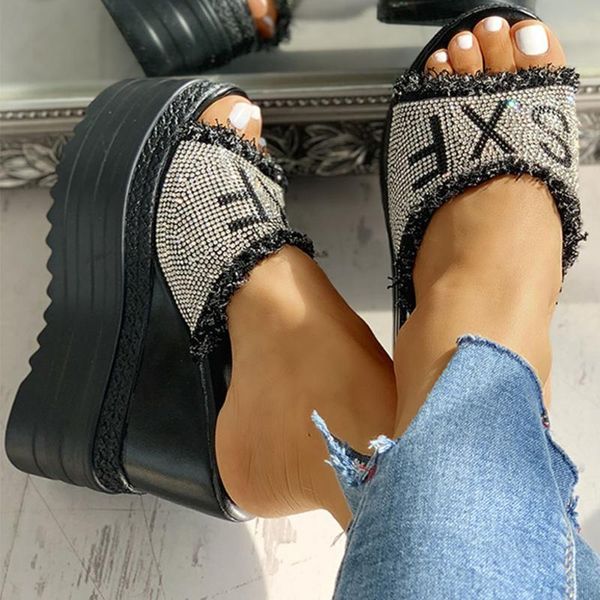 

dropship sarairis high heels platform crystals slipper wedges shoes woman leisure summer sandals women, Black