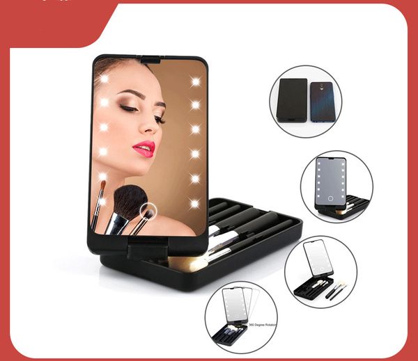 Specchio per trucco portatile con luce LED da donna con custodia per pennelli Organizer Specchi touch screen pieghevoli Scatola porta pennelli da 5 pezzi Lampada a 12 LED Strumenti per il trucco da viaggio