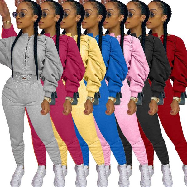 

fashion designer women two piece pants 2021 solid color suture long sleeve t shirt pencli outfits fall winter ladies casual clothing, White