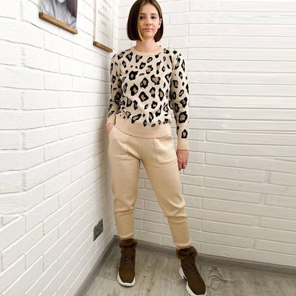 

women's two piece pants korean style women sweatsuits knitted suits leopard long sleeve o-neck sweater+elastic waist tracksuit set, White