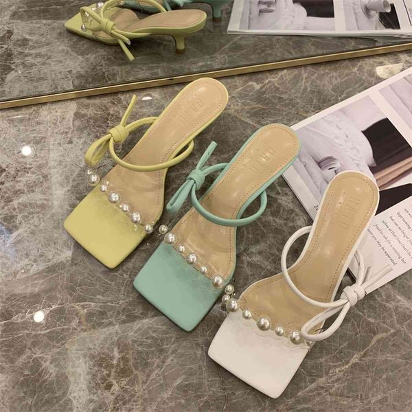 

fashion slippers pearl chain transparent hollow slides mules shoes woman open toe summer sandals thin low heels size 35-39 210513, Black