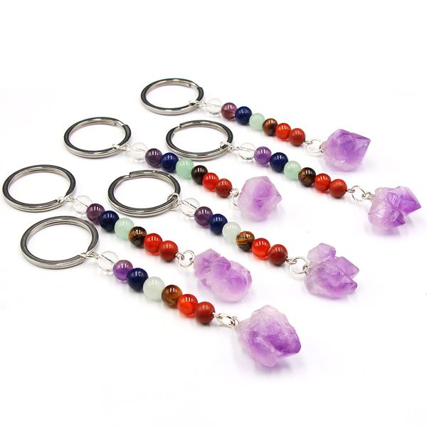 

7 chakra natural stone key rings handbag purse holder irregular amethyst crystal quartz stones keychains dangle car clasps chains keyrings, Slivery;golden
