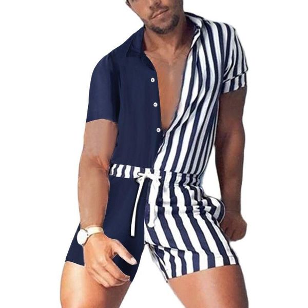 

men's pants 2021 lapel short sleeve casual jumpsuits streetwear pockets fashion men overalls shortsmen striped patchwork rompers, Black