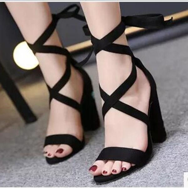 

sandals lace up crossed-tied women price selling american and european red embroider flower square heels shoes, Black