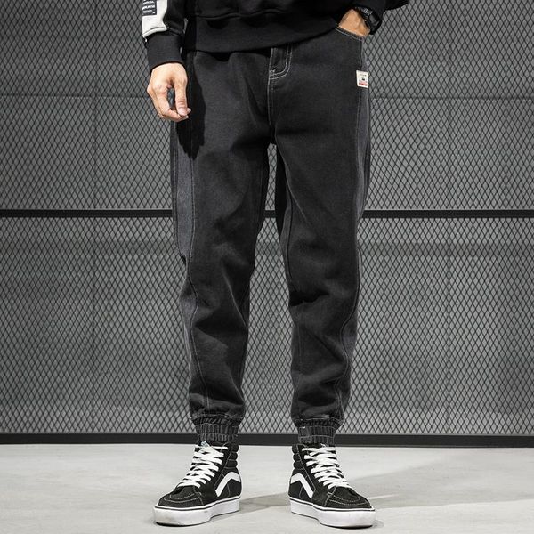 

men's jeans american style fashion men black gray stripe spliced designer cargo pants harem streetwear hip hop joggers, Blue