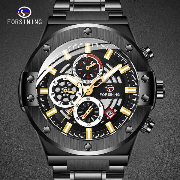 

clock black men 3-sub-dial male design mechanical automatic man waterproof, Slivery;brown