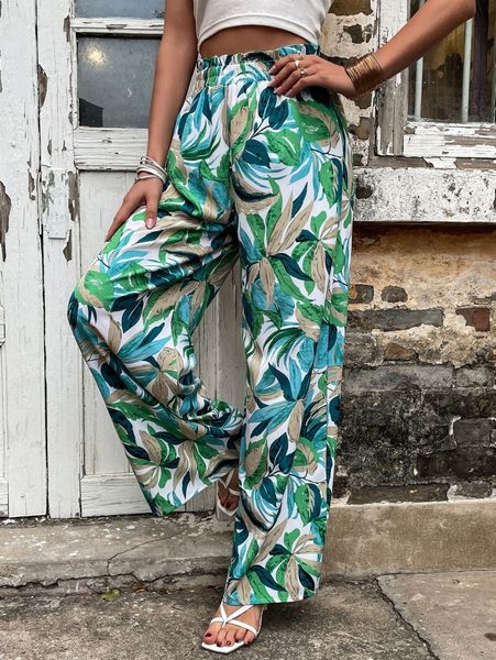 

tropical print wide leg pants t1cl#, Black;white