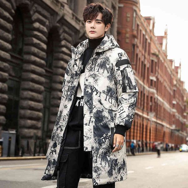 

white down winter duck camouflage jacket men's medium long 2021 thickened warm fur collor coat hooded trend coats for male, Black
