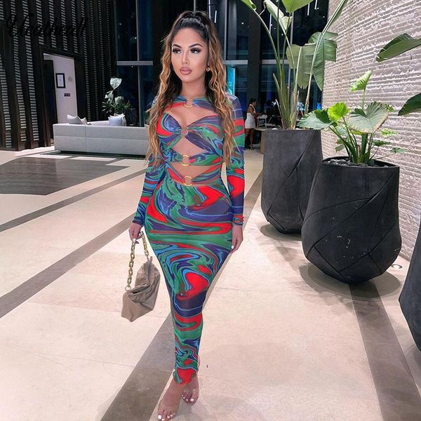 

casual dresses print bodycon midi party dress women long sleeve sheath slim sheer mesh elegant ring hollow night club sexy, Black;gray