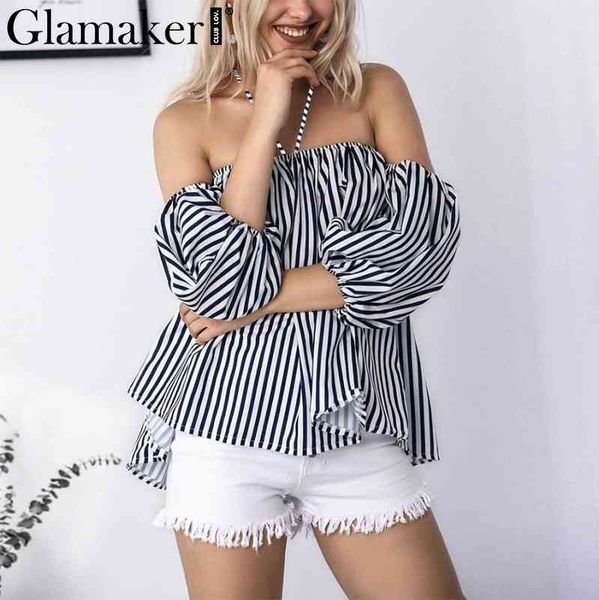 

glamaker plaid off shoulder blouse shirt women striped backless slim elegant beach blouse shirt blusas women summer 210412, White