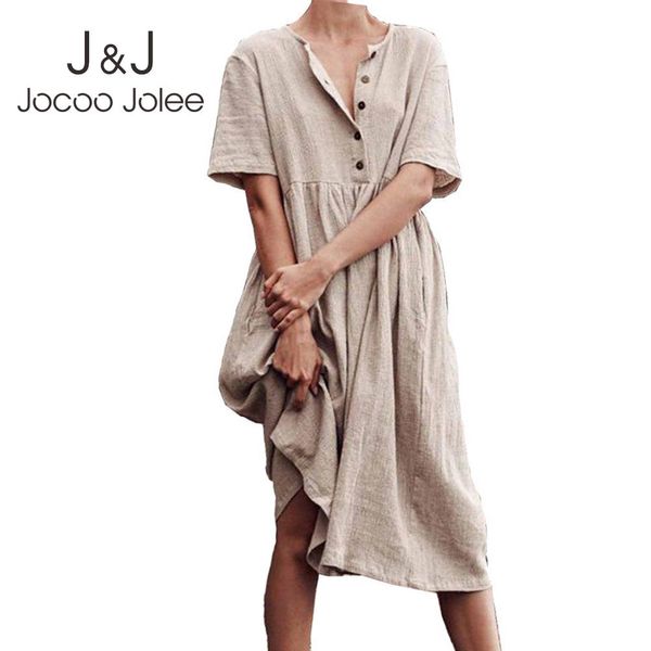 Jocoo jolee Женщины Винтажные Сплошные Свободные MIDI Платье Повседневная кнопка с коротким рукавом хлопок и белье Maxi платье простой пляж Vestidos 210518