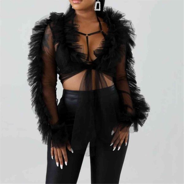 

long sleeve mesh sheer womens blouses ruffle v neck sleeves solid elegant pullover daily basic crop, White