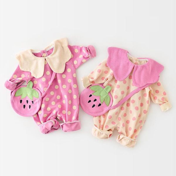 Bebek Kız Bahar Yeni Giyim Polka Dot Baskı Uzun Kollu Bebek Tulum Kızlar Tulumlar Yenidoğan Tulum Ücretsiz Çilek Çanta ile 210413