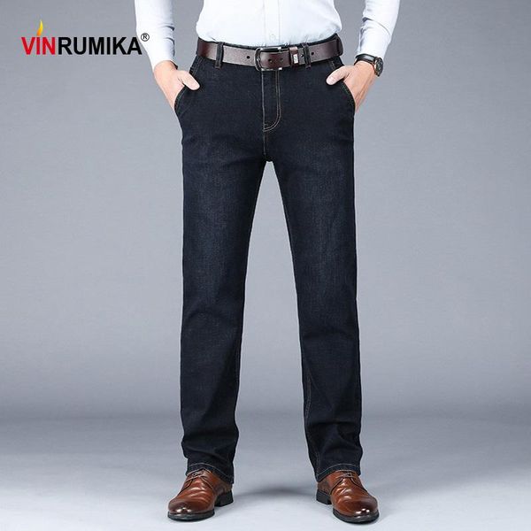

men's spring business casual brand straight cotton jeans autumn think black long trousers man denim blue pants