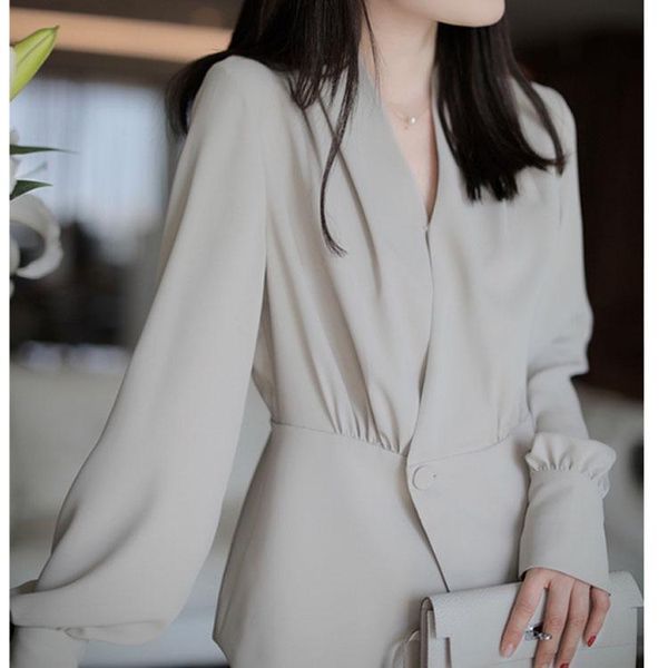 

women's blouses & shirts 2021 spring / autumn fashion korean commuter elegant western-style intellectual "mung bean gray" lam, White