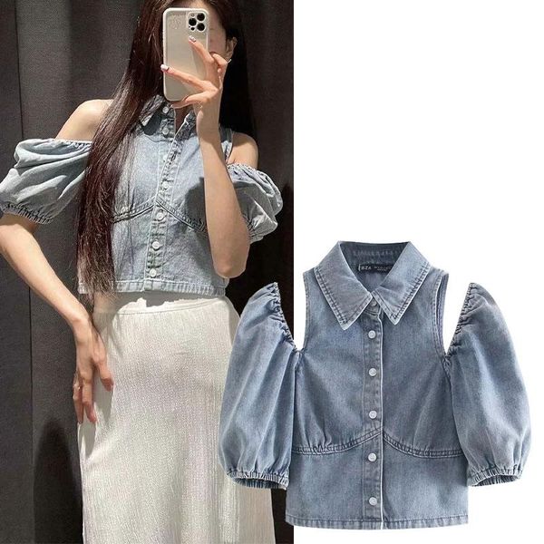 

women's t-shirt summer fashion shirt style cowboy 2021 women short strapless chic blue single-breasted puff sleeve, White