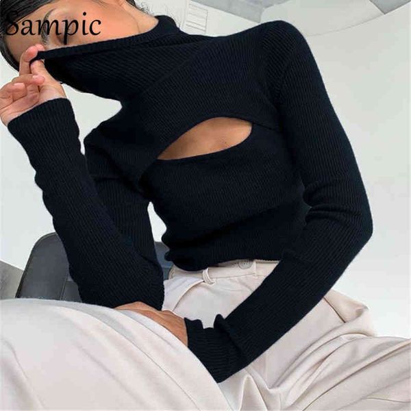 

sampic autumn turtleneck elastic hollow out long sleeve women t shirts basic tees streetwear beige cropped t shirt y0508, White