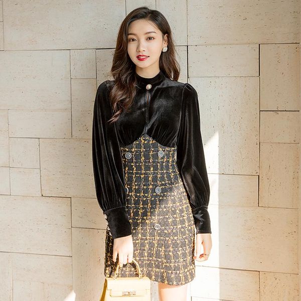 

casual dresses yigelila fashion women velvet dress elegant stand neck full sleeve patchwork tweeds empire slim short 66130, Black;gray