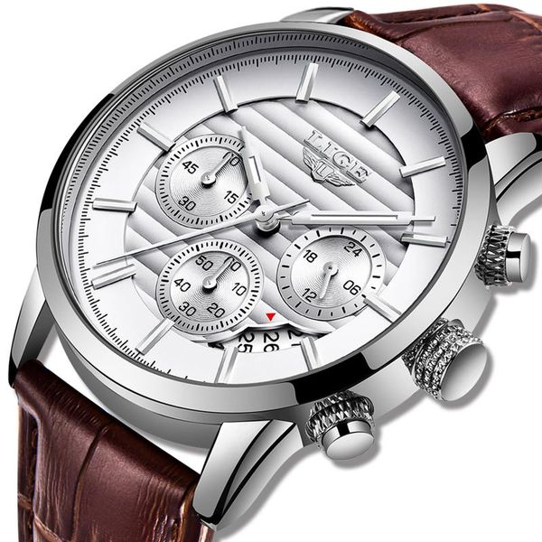 

wristwatches lige 2021 watch men fashion sport quartz clock mens watches leather business waterproof relogio masculino, Slivery;brown