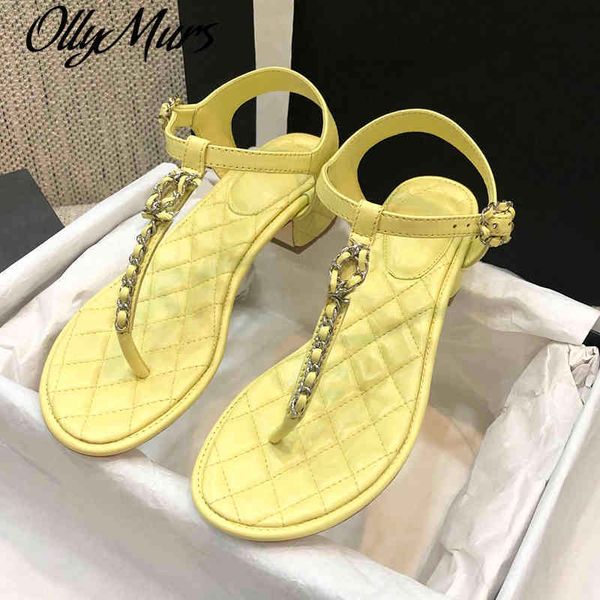 

70% off wholesale flip-flops ollymurs new genuine leather metal chain summer sandals block heel designer shoes women zapatos mujer, Black