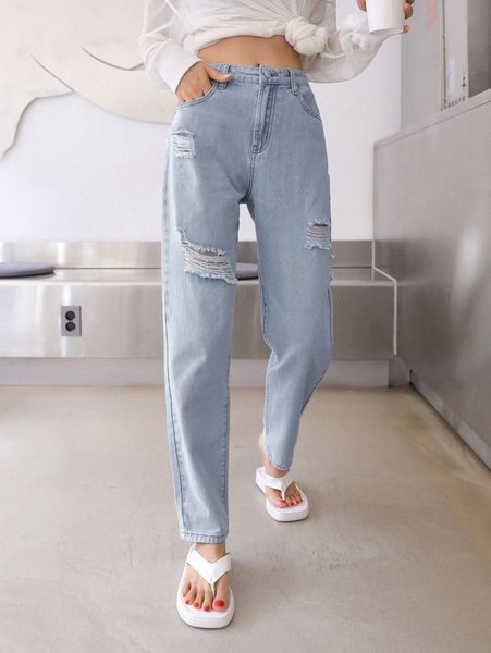 

dazy high waist ripped mom jeans x93c#, Blue