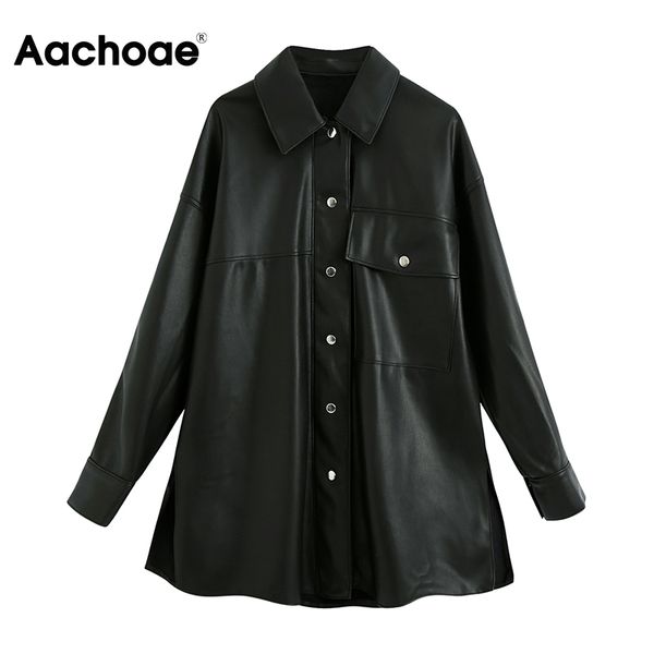 

aachoae women black pu faux leather shirt jacket long sleeve side split streetwear coat turn down collar loose outerwear coats 210413