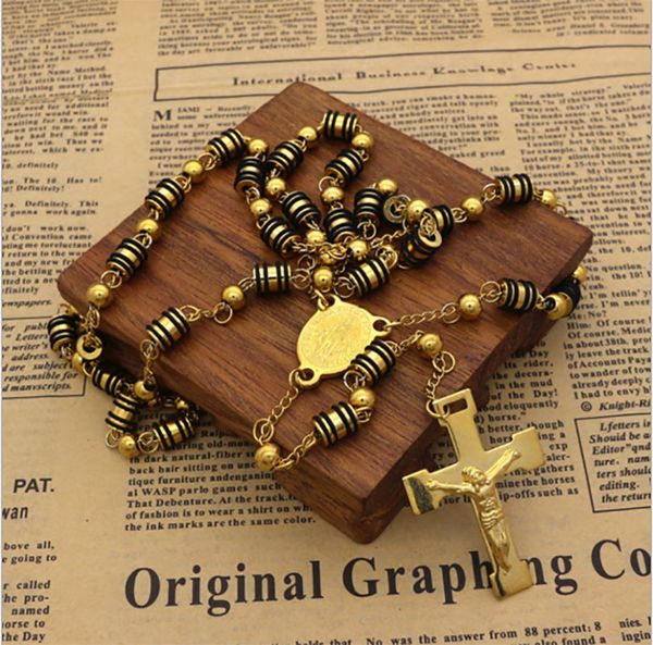 

sell mens rosary pendant necklace charms black with white steel bead chain beckham for men women fashion jewelry, Silver