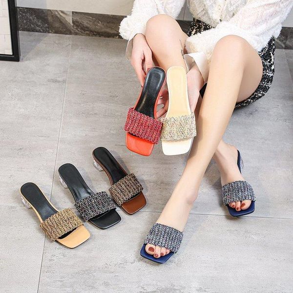 

glitter slides rubber flip flops shoes woman 2021 lady peep toe square heel low female slippers med jelly hawaiian girl block, Black