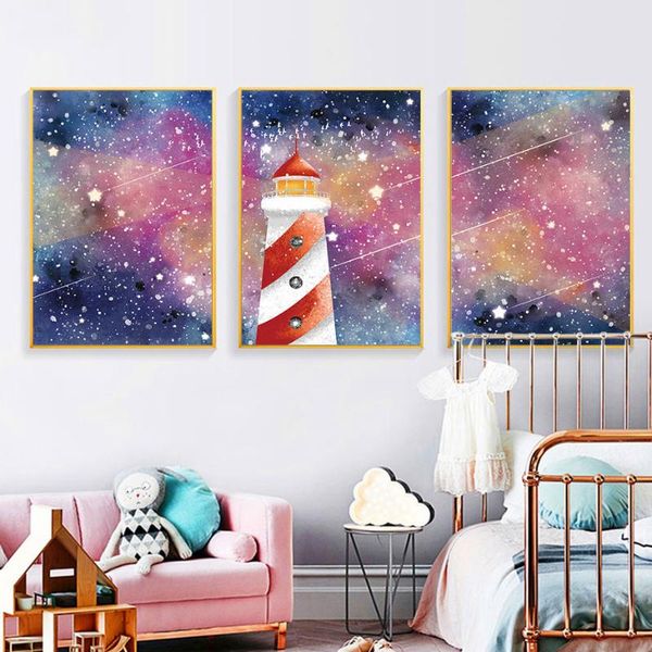

paintings hand painted lighthouse abstract wall art prints starry sky oil pictures for nersery bedroom living room poster decor