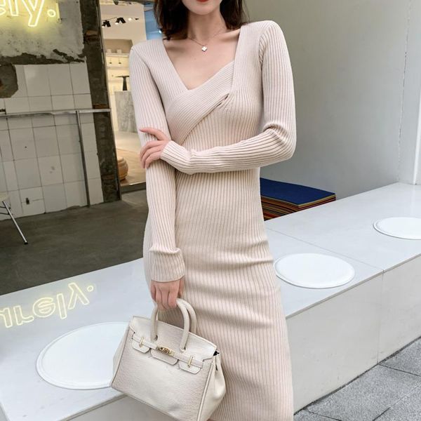 

casual dresses robe ete femme 2021 autumn winter korean elegant long sweater dress women square collar midi knitted bodycon vestidos, Black;gray