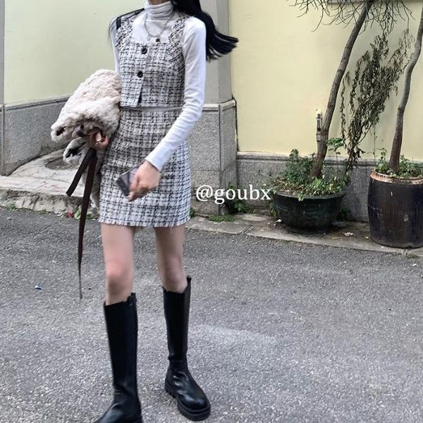 

casual dresses 2021summer high waist plaid fashion slimming skirt temperament goddess style hip, Black;gray