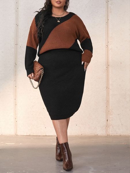 

plus two tone drop shoulder sweater & knit skirt 07kw#, Black