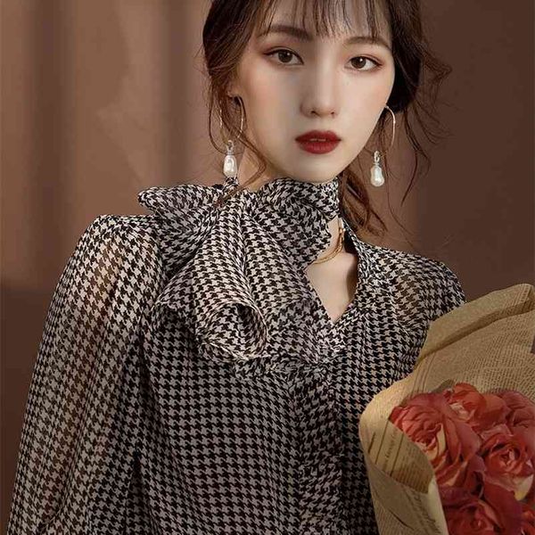 

ldyrwqy houndstooth retro french design shirt temperament regular casual bow polyester 210603, White