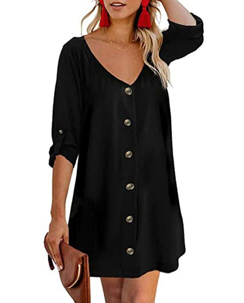 

women summer 2021 casual loose single-breasted v-neck plus size half sleeve fashion pringing mini a-line dresses, Black;gray