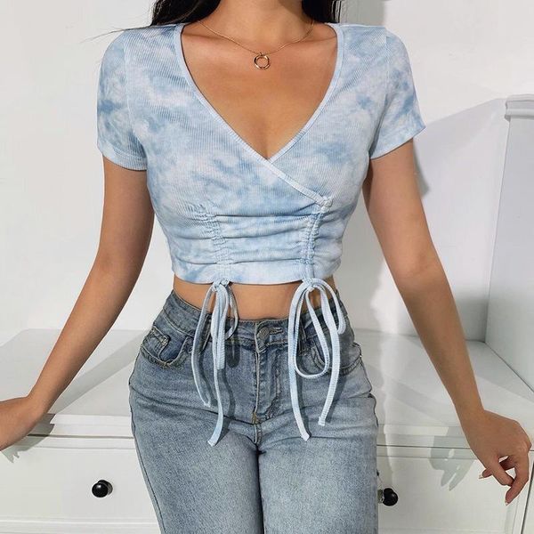 

women's summer tie dye short sleeve casual outfit slim crop front drawstring fashion deep v-neck blouse shirt blouses & shirts, White