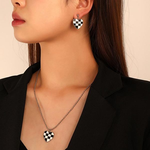 

earrings & necklace women's black white grid chess hear jewelry sets korean necklaces pendants cute drop for women gifts qw085, Silver