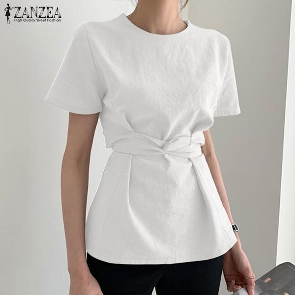 

women's blouses & shirts women summer short sleeve ol blouse casual loose solid work shirt elegant belted cotton tunic blusa fem, White