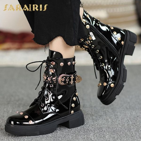 

boots sarairis 2021 fashion patent leather autumn metal decorathion riveting nail belt buckle killer booties women shoes, Black